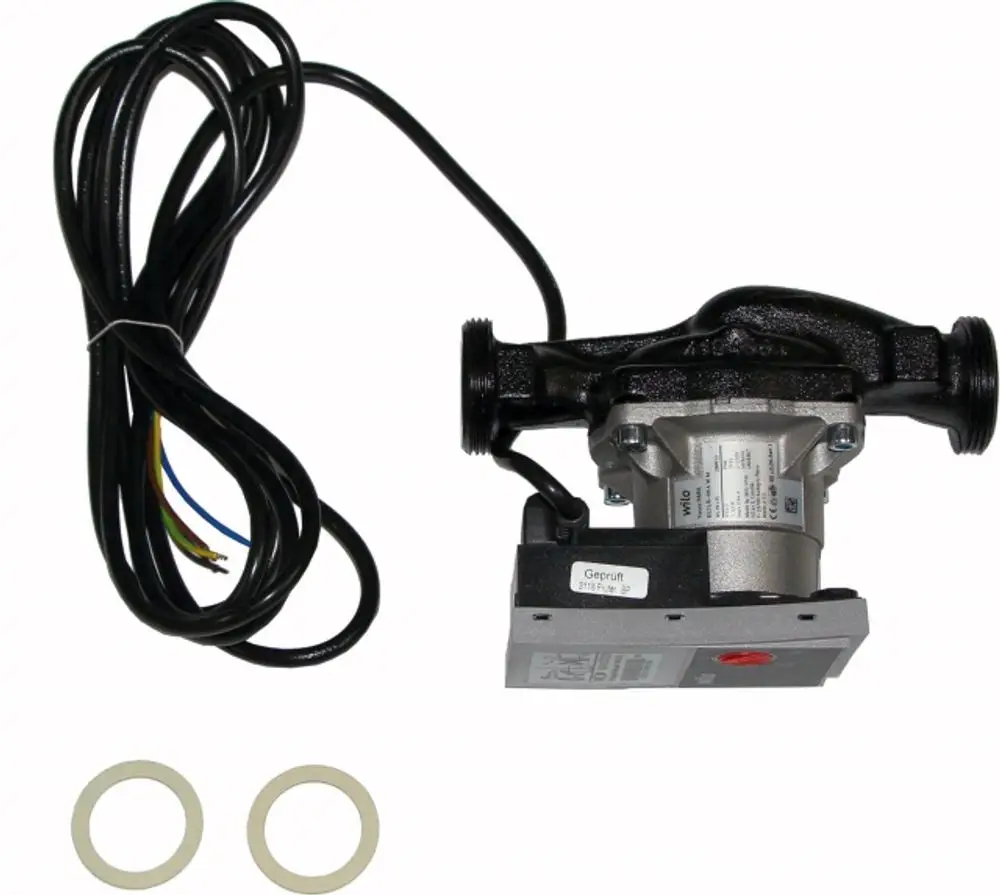 Wolf Pumpe mit einem schwarzen Gehäuse, elektrischem Anschluss und zwei Anschlüssen, geliefert mit zwei Dichtungen. Flexibles Kabel für die Installation.